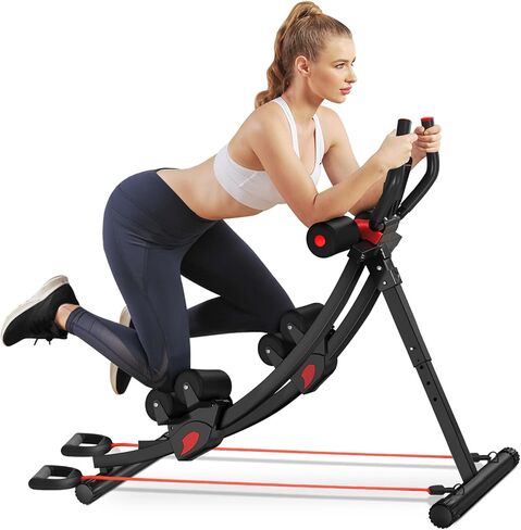 جهاز تمارين البطن من eHUPOO Ab Machine، جهاز تدريب أساسي وبطن لتمارين الجسم بالكامل لصالة الألعاب الرياضية المنزلية، مدرب خصر قابل للطي مع أشرطة مقاومة باللون الأحمر in Kuwait