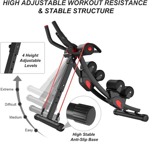 جهاز تمارين البطن من eHUPOO Ab Machine، جهاز تدريب أساسي وبطن لتمارين الجسم بالكامل لصالة الألعاب الرياضية المنزلية، مدرب خصر قابل للطي مع أشرطة مقاومة باللون الأحمر in Kuwait