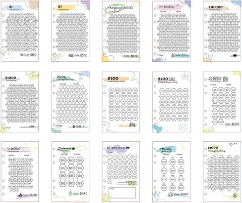 أجهزة تتبع تحدي توفير الأموال المصفحة للمجلدات ذات 6 حلقات A6، أوراق تتبع التوفير النقدي القابلة لإعادة الاستخدام، بطاقات ميزانية متعددة لمخطط رحلة التوفير (15 قطعة) in Kuwait