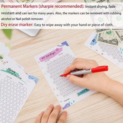 أجهزة تتبع تحدي توفير الأموال المصفحة للمجلدات ذات 6 حلقات A6، أوراق تتبع التوفير النقدي القابلة لإعادة الاستخدام، بطاقات ميزانية متعددة لمخطط رحلة التوفير (15 قطعة) in Kuwait