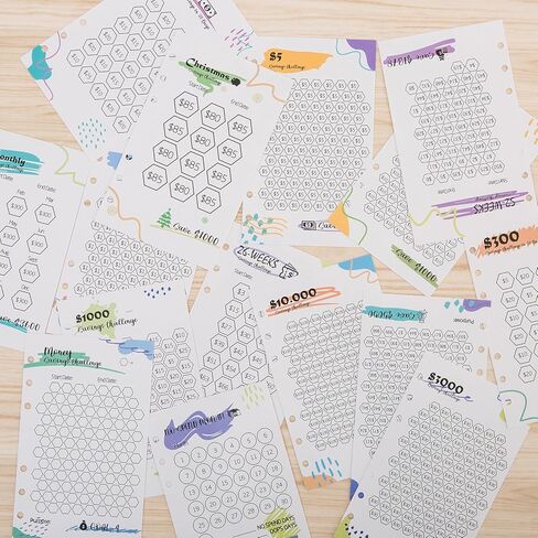 أجهزة تتبع تحدي توفير الأموال المصفحة للمجلدات ذات 6 حلقات A6، أوراق تتبع التوفير النقدي القابلة لإعادة الاستخدام، بطاقات ميزانية متعددة لمخطط رحلة التوفير (15 قطعة) in Kuwait