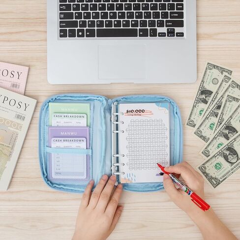 أجهزة تتبع تحدي توفير الأموال المصفحة للمجلدات ذات 6 حلقات A6، أوراق تتبع التوفير النقدي القابلة لإعادة الاستخدام، بطاقات ميزانية متعددة لمخطط رحلة التوفير (15 قطعة) in Kuwait