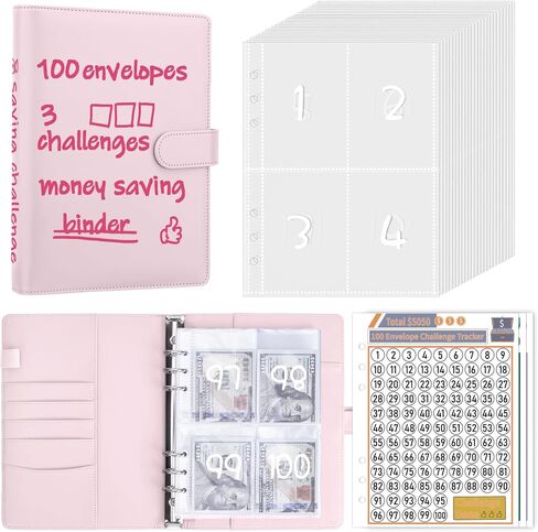 AKONEGE 100 مغلف تحدي توفير المال لتوفير 5050 دولارًا، 500، 10000 دولار، كتاب التحدي لمخطط التوفير A5 مع مظاريف نقدية للميزانية وتوفير المال، وردي in Saudi Arabia