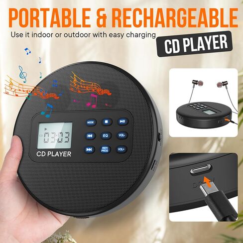 KUEPHOM Portable CD Player for car: Rechargeable Walkman CD Player with Stereo Speakers and Anti-Skip Protection Discman CD Player with Headphones LCD Display with Backlight in Kuwait