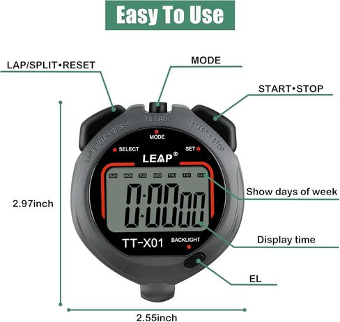 مؤقت ساعة توقيت رقمي من LEAP، ساعة إيقاف كبيرة الحجم مع مقاومة للماء حتى عمق 30 مترًا ووظيفة إضاءة خلفية EL مصممة للمدربين الرياضيين ومدرسي اللياقة البدنية والرياضيين in Kuwait