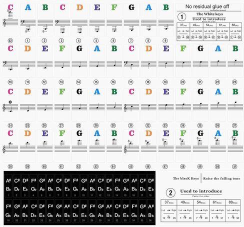 Piano Keyboard Notes Stickers 88/61/54/49/37 Keys Multi-Color,Transparent,Removable Colorful Large Bold Letter Piano Stickers Perfect for Beginners kids Learning Piano (03_Black-white Letter) in Saudi Arabia