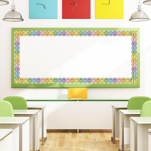 Whaline 32.8Ft Boho Happy Face لوحة إعلانات الحدود لون الباستيل ابتسامة الوجه يموت قطع حافة الحدود لفة للفصول الدراسية السبورة المدرسة in Saudi Arabia