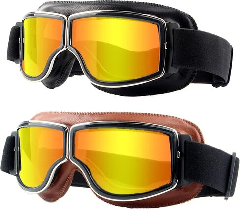 Motorcycle Goggles,2 Pack Vintage Anti Fog Pilot PU Leather Glasses Dustproof ATV Off Road Motorbike Helmet Eyewear Protect for Ridding Motorcross Classes Aviator Goggles for Men Women Adult in Saudi Arabia
