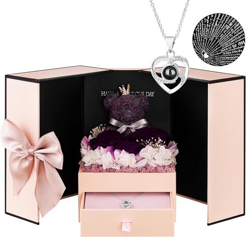 الوردة الحمراء الحقيقية المحفوظة من جيلوفلي مع قلادة أحبك - الزهور الأبدية الورد اللطيف الطحلب الدب الورود الأبدية هدايا للزوجة والصديقة والأم لها في عيد الحب وعيد الميلاد والذكرى السنوية وعيد الميلاد in Kuwait