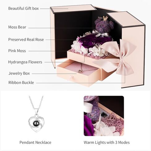 الوردة الحمراء الحقيقية المحفوظة من جيلوفلي مع قلادة أحبك - الزهور الأبدية الورد اللطيف الطحلب الدب الورود الأبدية هدايا للزوجة والصديقة والأم لها في عيد الحب وعيد الميلاد والذكرى السنوية وعيد الميلاد in Kuwait