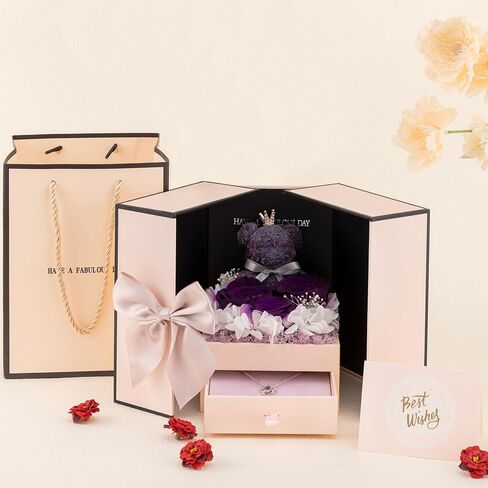 الوردة الحمراء الحقيقية المحفوظة من جيلوفلي مع قلادة أحبك - الزهور الأبدية الورد اللطيف الطحلب الدب الورود الأبدية هدايا للزوجة والصديقة والأم لها في عيد الحب وعيد الميلاد والذكرى السنوية وعيد الميلاد in Kuwait