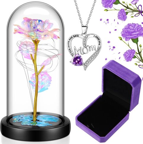 2 Pcs Birthday Gifts for Women Include Love Heart Pendant Purple Heart with Box Artificial Colorful Rose Flowers in Glass Dome with LED Light for Her Mother's Day Wedding Anniversary in Saudi Arabia