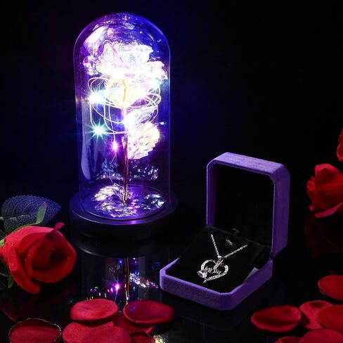 2 Pcs Birthday Gifts for Women Include Love Heart Pendant Purple Heart with Box Artificial Colorful Rose Flowers in Glass Dome with LED Light for Her Mother's Day Wedding Anniversary in Saudi Arabia