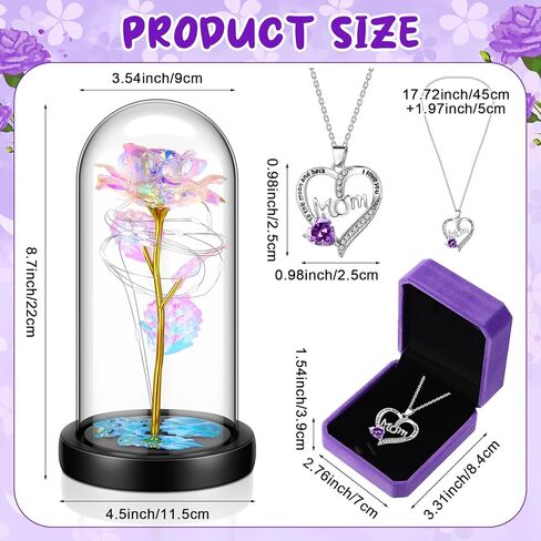 2 Pcs Birthday Gifts for Women Include Love Heart Pendant Purple Heart with Box Artificial Colorful Rose Flowers in Glass Dome with LED Light for Her Mother's Day Wedding Anniversary in Saudi Arabia