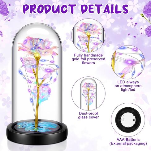 2 Pcs Birthday Gifts for Women Include Love Heart Pendant Purple Heart with Box Artificial Colorful Rose Flowers in Glass Dome with LED Light for Her Mother's Day Wedding Anniversary in Saudi Arabia