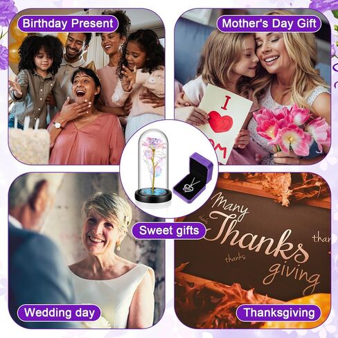 2 Pcs Birthday Gifts for Women Include Love Heart Pendant Purple Heart with Box Artificial Colorful Rose Flowers in Glass Dome with LED Light for Her Mother's Day Wedding Anniversary in Saudi Arabia