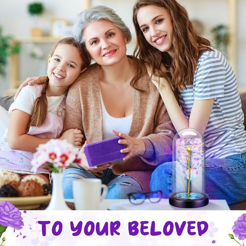 2 Pcs Birthday Gifts for Women Include Love Heart Pendant Purple Heart with Box Artificial Colorful Rose Flowers in Glass Dome with LED Light for Her Mother's Day Wedding Anniversary in Saudi Arabia