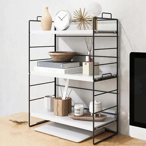 رف منظم سطح المكتب قابل للتعديل من 3 طبقات، منظم رف مكتب صغير، رف تخزين للوازم المكتبية (إطار أسود) in Kuwait