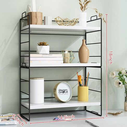 رف منظم سطح المكتب قابل للتعديل من 3 طبقات، منظم رف مكتب صغير، رف تخزين للوازم المكتبية (إطار أسود) in Kuwait