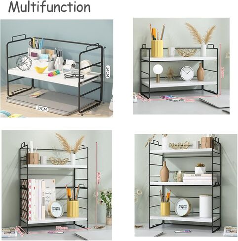 رف منظم سطح المكتب قابل للتعديل من 3 طبقات، منظم رف مكتب صغير، رف تخزين للوازم المكتبية (إطار أسود) in Kuwait
