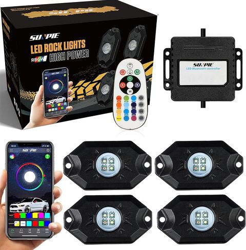 SUNPIE 4 Pods RGBW LED أضواء الصخور المعدنية عالية الطاقة التطبيق RF التحكم عن بعد وضع الصوت وضع الموسيقى متعدد الألوان LED Underglow ضوء عدة عجلة أضواء جيدة للطرق الوعرة شاحنة سيدان SUV UTV ATV قارب مقطورة in Kuwait