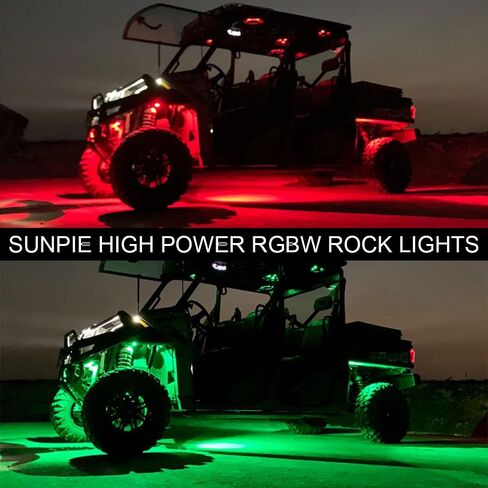 SUNPIE 4 Pods RGBW LED أضواء الصخور المعدنية عالية الطاقة التطبيق RF التحكم عن بعد وضع الصوت وضع الموسيقى متعدد الألوان LED Underglow ضوء عدة عجلة أضواء جيدة للطرق الوعرة شاحنة سيدان SUV UTV ATV قارب مقطورة in Kuwait