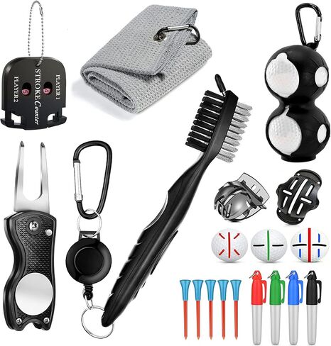 MKEJTIS Golf Cleaning Kit 16 in 1, Golf Towel, Cleaning Brush, Divot Repair Tool, Golf Ball Alignment Kit, Score Counter, Ball Holder & Tee, Golf Accessories, Make Perfect Golf Gifts for Men or Women! in Saudi Arabia