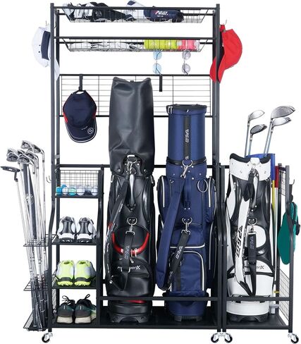 Mythinglogic Golf Bag Storage Garage Organizer,2 Golf Bags Storage Stand and Golfing Equipment Accessories Storage Rack with 4 Removable Hooks, Extra Golf Clubs Display Rack in Saudi Arabia