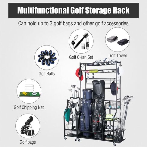 Mythinglogic Golf Bag Storage Garage Organizer,2 Golf Bags Storage Stand and Golfing Equipment Accessories Storage Rack with 4 Removable Hooks, Extra Golf Clubs Display Rack in Saudi Arabia