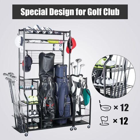 Mythinglogic Golf Bag Storage Garage Organizer,2 Golf Bags Storage Stand and Golfing Equipment Accessories Storage Rack with 4 Removable Hooks, Extra Golf Clubs Display Rack in Saudi Arabia