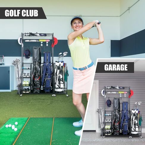 Mythinglogic Golf Bag Storage Garage Organizer,2 Golf Bags Storage Stand and Golfing Equipment Accessories Storage Rack with 4 Removable Hooks, Extra Golf Clubs Display Rack in Saudi Arabia