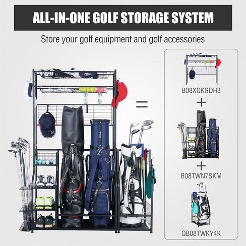 Mythinglogic Golf Bag Storage Garage Organizer,2 Golf Bags Storage Stand and Golfing Equipment Accessories Storage Rack with 4 Removable Hooks, Extra Golf Clubs Display Rack in Saudi Arabia