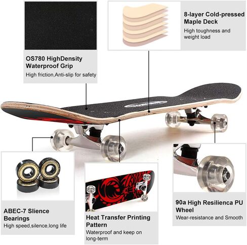 لوح تزلج ChromeWheels مقاس 31 بوصة لوح تزلُّج مزدوج ركلة كروزر Longboard 8 طبقات من خشب القيقب لوح تزلج للأطفال والمبتدئين in Kuwait