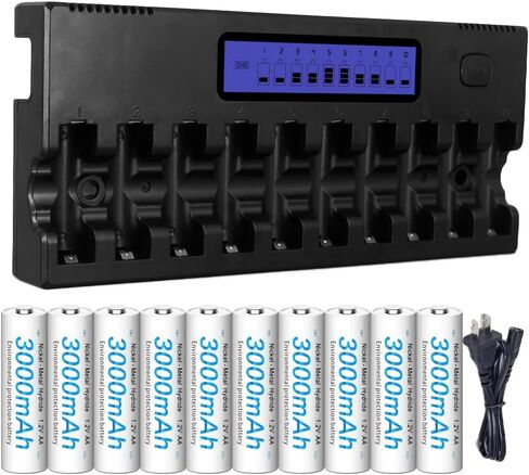 Rechargeable AA Batteires NIMH with LCD Charger, 10 Packs 1.2V 3000mAh AA Rechargeable Batteries with Double A LCD Smart Quick Charger with Heat Dissipation Discharge Function in Saudi Arabia
