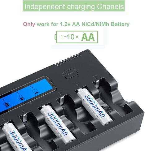 Rechargeable AA Batteires NIMH with LCD Charger, 10 Packs 1.2V 3000mAh AA Rechargeable Batteries with Double A LCD Smart Quick Charger with Heat Dissipation Discharge Function in Saudi Arabia