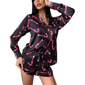 Women Christmas Pajamas Cute Shorts Set Santa Colorful Pj Long Sleeve Shirt Lounge Pants 2Piece Christmas Sleepwear