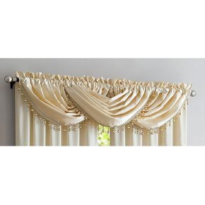 Crushed Satin Rod Pocket Panel and Waterfall Valance with Decorative Fringe Window Treatments, Curtain Set for Your Home, All Sold Separately (Beige, Valance - 48X37 Inches)