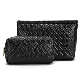 2 Pieces Makeup Bag Toiletry Bag for Women Vegan Leather Travel Cosmetic Make Up Brush Bag Pack Travel Vacation Essenitial for Purse (Black)