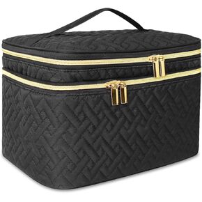 Makeup Bag Organiser for Women, Large Double Layer Cosmetic Make Up Bag with Brush Compartment, Portable and Water-Resistant Toiletry Bag Travel Essentials, Black
