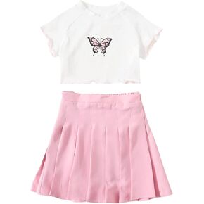 SOLY HUX Girl's Butterfly Print Short Sleeve Tee Top and Pleated Skirt Set 2 Piece Outfits