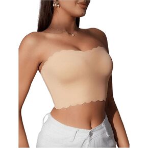 WDIRARA Women's Scallop Trim Seamless Cut Out Back Bandeau Bra Strapless Padded Wireless Bralettes