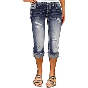 Flamingals Women's Ripped Stitch Detail Raw Hem Vintage Style Low Waist Skinny Capris Jeans