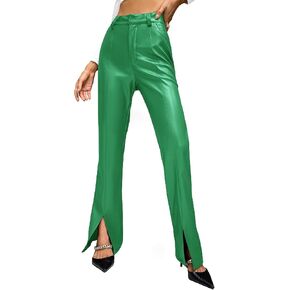 WDIRARA Women's High Waist Pockets Straight Leg Jeans Leather Look Leather Slit Hem Flare Bell Zipper Pants