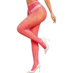 Women Lace Tights Sexy Lace Stockings High Waist Fishnet Stockings Lace Leggings Floral Lace Pantyhose-Pink