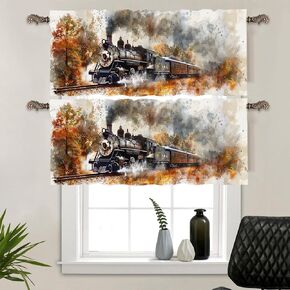 1 Panel Retro Rustic Train Kitchen Valance Curtains for Windows, Forest Railway Watercolor Window Treatment Rod Pocket Drapes Valances for Bathroom, 54" X 18"