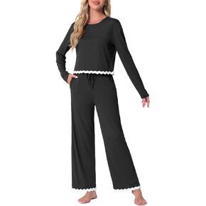 cheibear Womens Long Sleeve Crewneck Lounge Sets Contrast Color Trims Pjs Sets Full-Length Outfits with Pockets