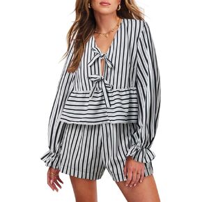 Tankaneo Womens Y2K Tie Front 2 Piece Shorts Set Striped Long Puff Sleeve Peplum Top Summer Cute Lounge Sets