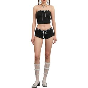 SOLILOQUY Women Y2K Going Out Outfits Set Summer Strapless Bodycon Crop Tube Top Low Rise Striped Pajama Shorts Loungwear
