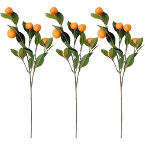 3 Pcs Artificial Tangerine Branches 25.6 Inch Simulation Orange Branches Faux Fruit Picks Stems with Green Leaves for Vase Flower Arrangement Kitchen Party Table Home Decor