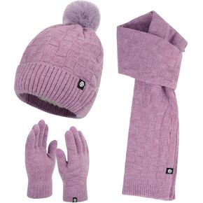 Winter Hat Gloves Scarf Set for Women Knitted Touchscreen Glove Long Scarves with Fleece Lined Skull Caps